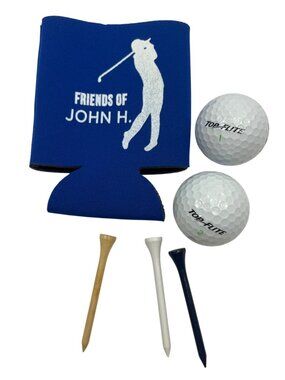 Golf Gift Set: Top-Flite Balls Tees & "Friends Of John H." Blue Koozie 24k